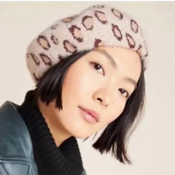 ANTHROPOLOGIE Norla Canda Leopard Print Pom Pom Beret Hat Winter Animal Print main image 4